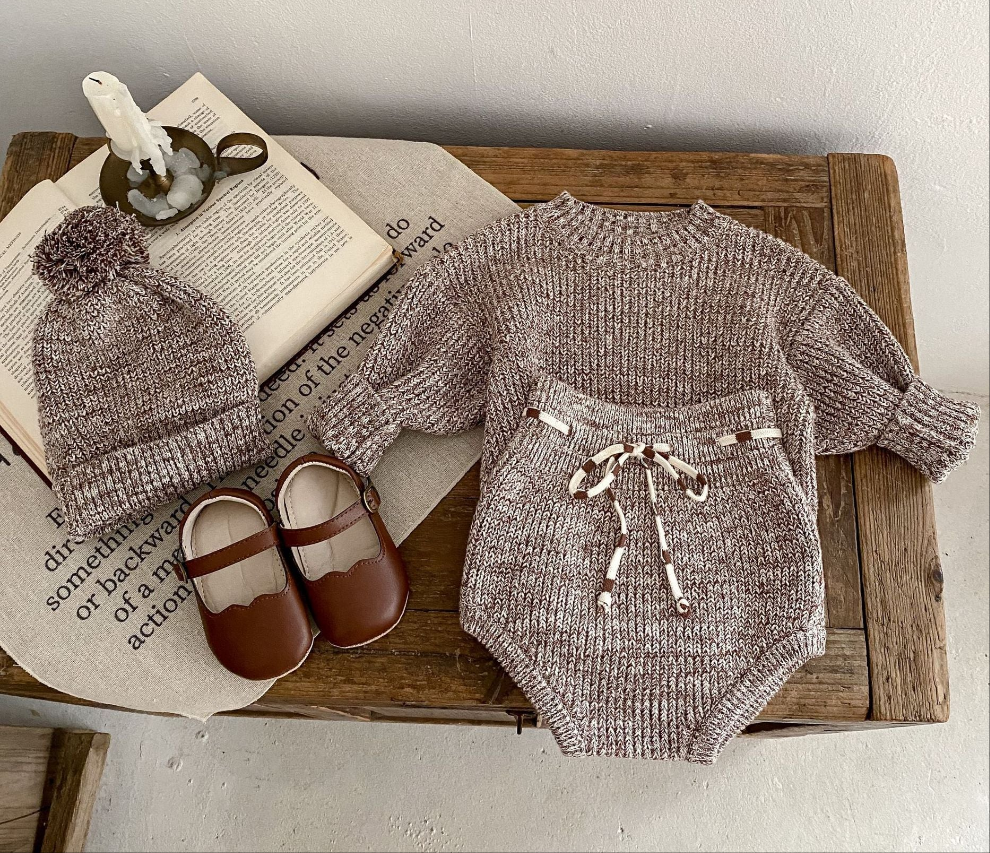 Infant Baby Girl Mixed Color Thick Needle Pullover Pants Pullover Fur Ball Knitted Hat 3-piece Set