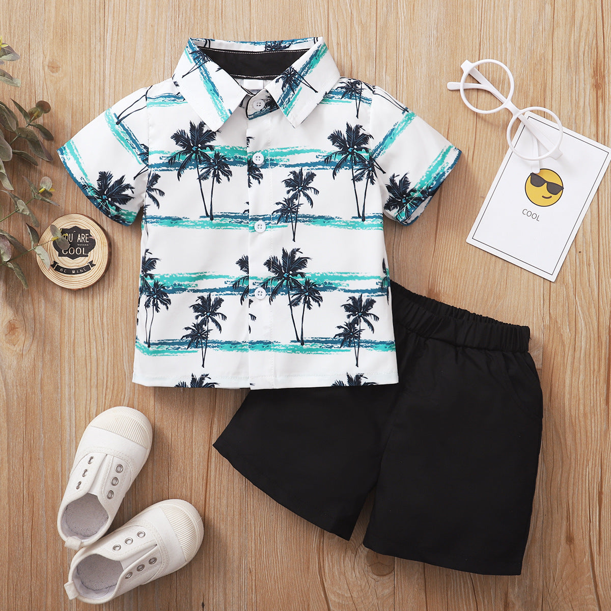 Hawaiian Coconut Print Little Gentleman Short Sleeve Two Piece