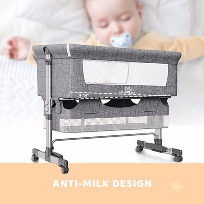 3-in-1 Bedside Crib With Mosquito Net, Large Storage Bag, Comfortable Mattress With Lockable Wheels, Grey, Baby Bassinet