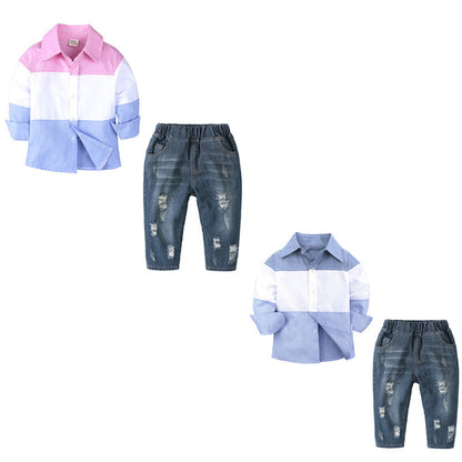 Long-sleeved Shirt Spring And Autumn Bottoming Shirt   Ripped Jeans Suit Boy Two-piece Suit