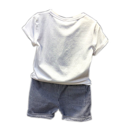 Boy Cartoon Dinosaur Short Sleeve Stripe Shorts Set