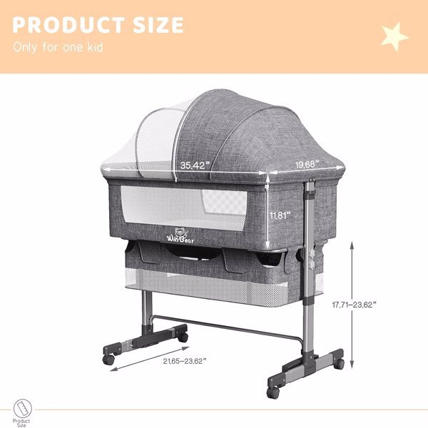 3-in-1 Bedside Crib With Mosquito Net, Large Storage Bag, Comfortable Mattress With Lockable Wheels, Grey, Baby Bassinet