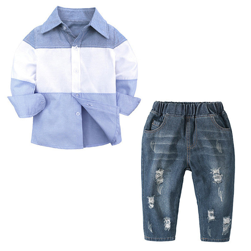 Long-sleeved Shirt Spring And Autumn Bottoming Shirt   Ripped Jeans Suit Boy Two-piece Suit