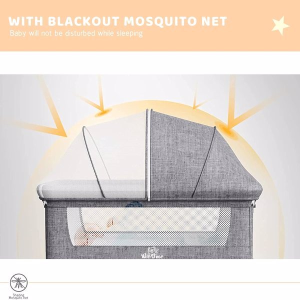 3-in-1 Bedside Crib With Mosquito Net, Large Storage Bag, Comfortable Mattress With Lockable Wheels, Grey, Baby Bassinet