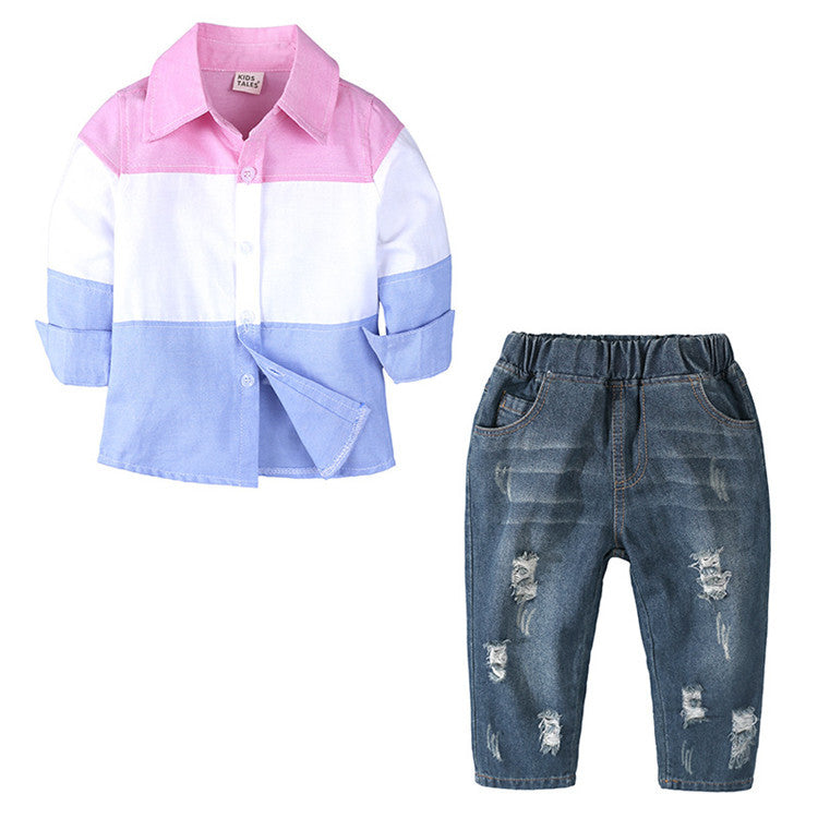 Long-sleeved Shirt Spring And Autumn Bottoming Shirt   Ripped Jeans Suit Boy Two-piece Suit