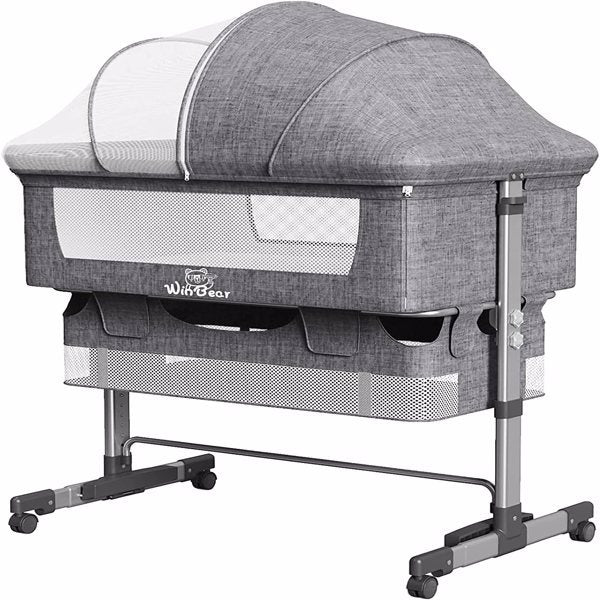 3-in-1 Bedside Crib With Mosquito Net, Large Storage Bag, Comfortable Mattress With Lockable Wheels, Grey, Baby Bassinet