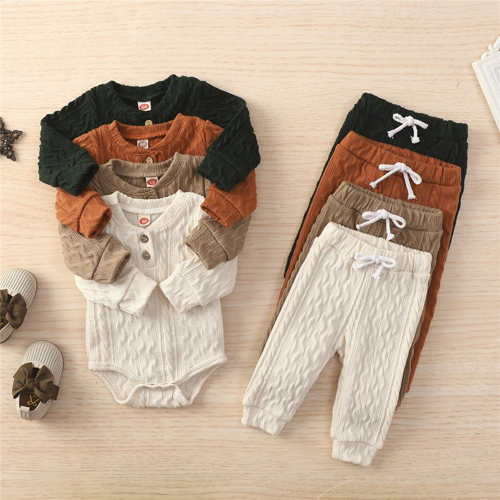 Cozy Infant 2 piece pant set. Long-sleeved neutral tones, Cream, Sand, Burnt Orange, Black. 