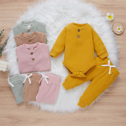 Cozy Infant 2 piece pant set. Long sleeve. Neutral tones , Sage green, Taupe, Mustard yellow, Light Pink. 